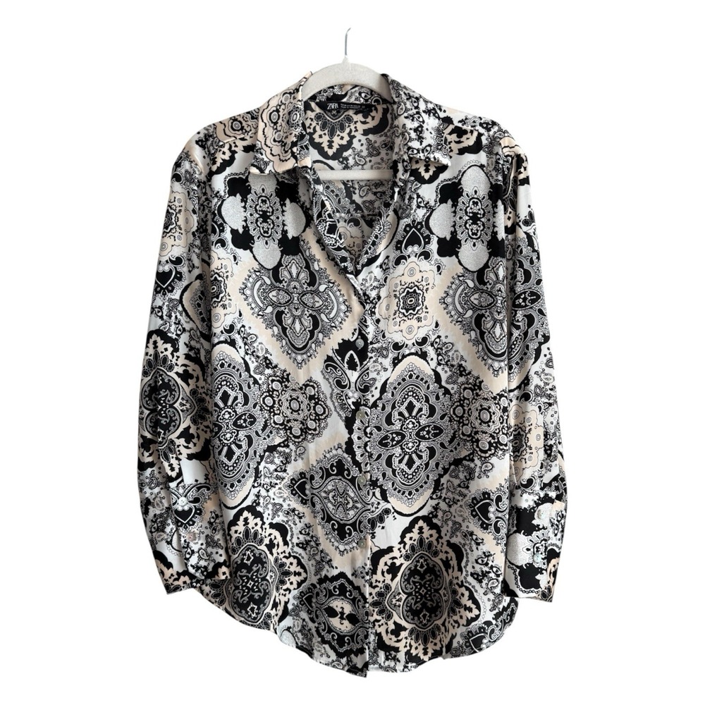ZARA Satin Paisley Medallion Print Blouse Shirt Boho Chic Dark Academia Top Sz M